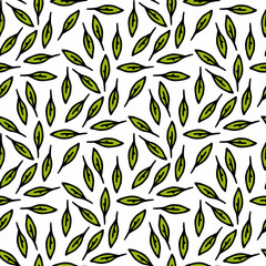 Seamless pattern with positive stylish green leaves on white background. Vector image.