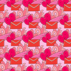 Cute seamless pattern with love lettters. Valentines day design in red and pink colors. - 468171654