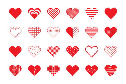 Red vector heart icons. Editable stroke. Set thin line for web design isolated on white background. Love Happy Valentine's Day friendship family happiness. Graphic card decoration.