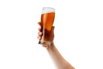 Cropped image of male hand holding glass of lager foamy beer isolated over white background - Powered by Adobe