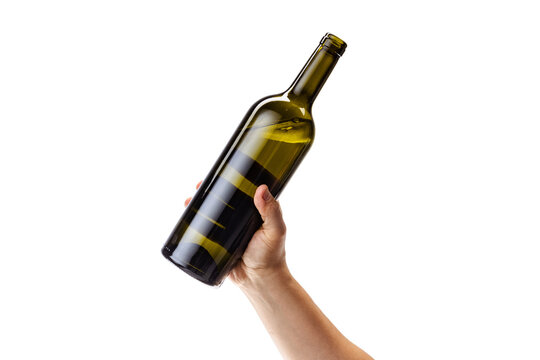 Cropped image of male hand holding bottle of white wine isolated over white background