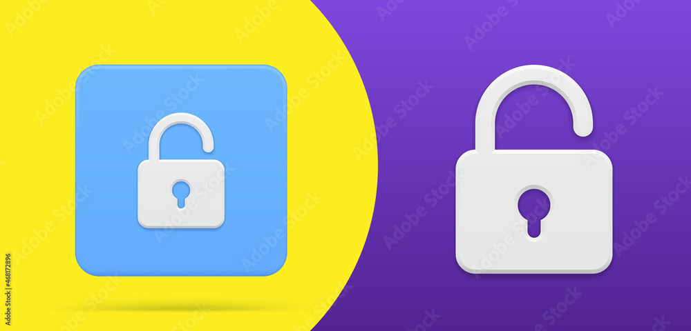 Poster simple 3d icon open hanged lock button and emblem set at yellow purple background vector