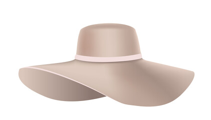 women's hat with a wide brim in a delicate powder color on a white background. Isolated illustration of a woman's hat