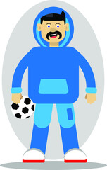 A simple vector illustration of a flat adult friendly looking man with black long mustaches. Confident smiling guy wearing blue sport suit and hoodie. Handsome masculine father or uncle with football