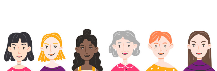 Banner with women of different ages and nationalities in cute cartoon style. Vector illustration with characters.