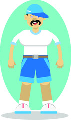 A simple flat illustration of young athlete muscular man in white t-shirt and blue jeans ans baseball cap. Black haired dad with black mustaches dressed for summer vocation activities.