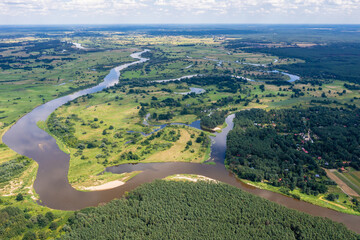 Drone photo of Bug River river, Mazowsze region of Poland