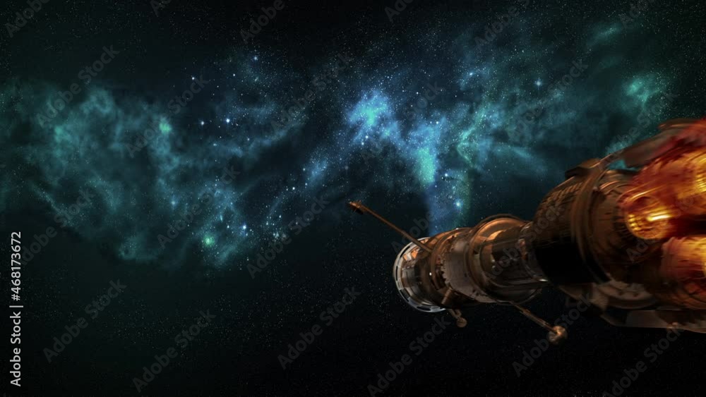 Wall mural a near future looking space ship passes by camera and off into space