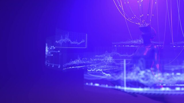 Woman in VR glasses trade cryptocurrency on DEX exchange in metaverse. Human interact with defi trading platform in virtual decentalized reality. Cyberpunk crypto. Loopable 3d render