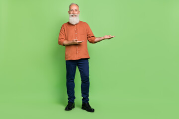 Full length photo of mature man hold arms promotion advertise suggest isolated over green color background