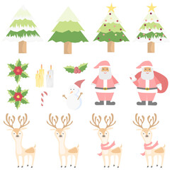 Attractive and colorful vector Christmas decoration set. There are cute Christmas trees, Santa, reindeer, deer, red scarf, snowman, candles and Christmas flower.