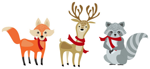 Christmas animals wear a red scarf. There are reindeer, raccoon and wolf icon in cute colors.