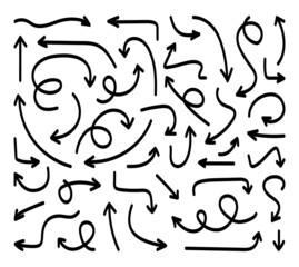 Hand drawn arrows icon set. Sketch curved arrows design. Arrow handmade. Doodle arrows of varios shapes and directions. Pointer and cursor icons.