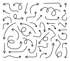Hand drawn arrows icon set. Sketch curved arrows design. Arrow handmade. Doodle arrows of varios shapes and directions. Pointer and cursor icons.