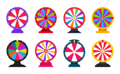 Roulette, wheel of fortune. Spinning fortune wheels set. Lottery luck. Game jackpot, Big Win, money prize. Casino money game. Game of luck playing. Vector illustration. - obrazy, fototapety, plakaty