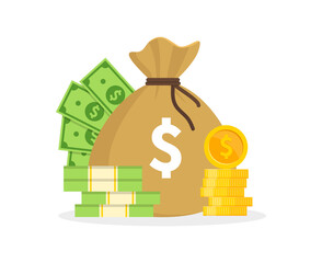 Money bag with gold coins and dollar banknotes. Bag of money with dollar sign. Bundles of banknotes and pile coins. Cash money. Wealth, budget, income and profit concept. Saving money.