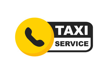 Taxi service badge. Taxi sign. Yellow sticker of taxi calling service. 24/7 service. Vector illustration. - obrazy, fototapety, plakaty