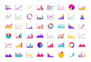 Set of business graph and charts icons. Business data charts. Colorful graphs, diagrams, schemes, infographic, analytic report. Statistics, data, growth, falling and pie chart icons set. - obrazy, fototapety, plakaty