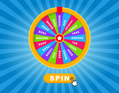 Roulette, wheel of fortune. Fortune wheel with spin button. Lottery luck. Game jackpot, Big Win, money prize. Casino money game. Game of luck playing. Vector illustration.