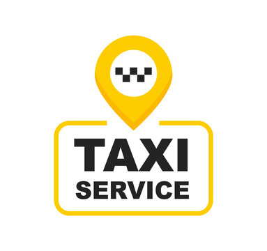 Taxi service badge. Taxi sign. Yellow sticker of taxi calling service. 24/7 service. Vector illustration.