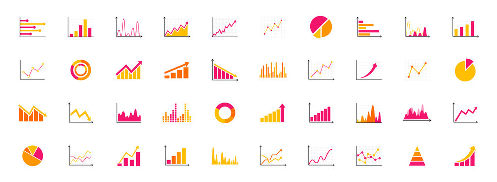 Set Of Business Graph And Charts Icons. Business Data Charts. Colorful Graphs, Diagrams, Schemes, Infographic, Analytic Report. Statistics, Data, Growth, Falling And Pie Chart Icons Set.