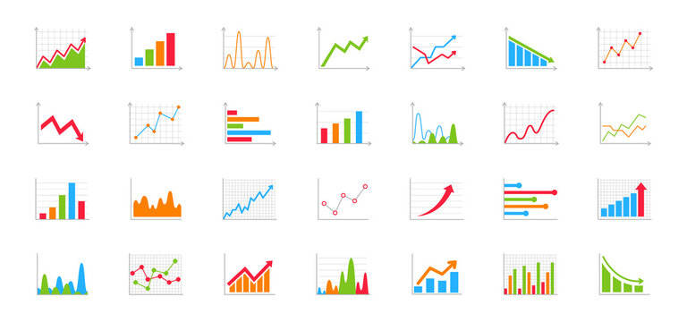 Set of business graph and charts icons. Business data charts. Colorful graphs, diagrams, schemes, infographic, analytic report. Statistics, data, growth, falling and pie chart icons set.
