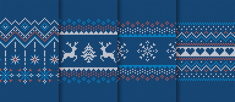 Christmas knit prints. Seamless pattern. Blue knitted border. Sweater ugly texture. Fair isle traditional backgrounds. Set holiday ornaments. Festive crochet. Wool pullover frame. Vector illustration