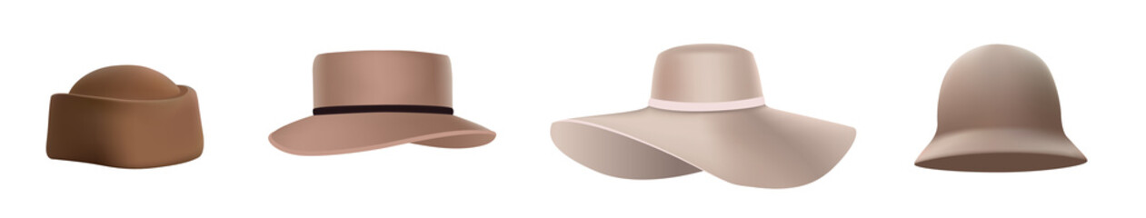 Set of fashionable women's hats with wide and short brims of powdery and beige on a white background. Isolated illustration of a woman's hat