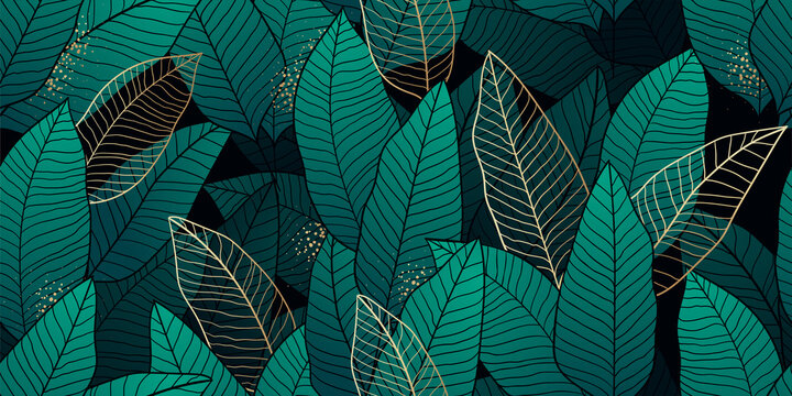 Tropical leaves with golden outlines seamless pattern