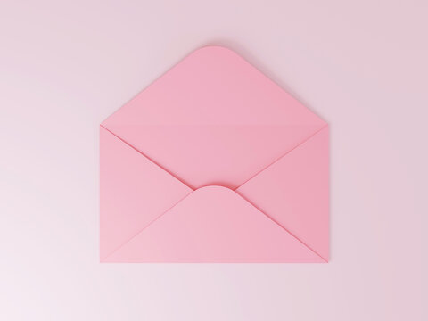 Open pink envelope with blank card on pink background, 3D rendering illustration