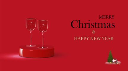 Christmas beautiful two glasses with sequins and a Christmas tree, blank template. Festive New Year realistic 3D design. Red background. Vector illustration