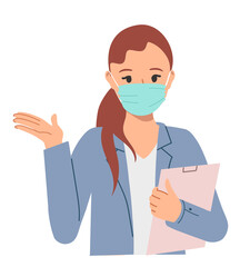 Pretty girl in protective mask with a folder in her hands makes an offer to business clients, explains something. Illustration about inspiration and ideas for business, marketing, SEO