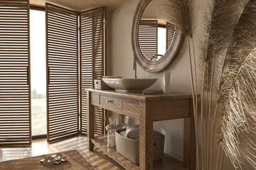 Boho scandinavian style in home interior background. Beige bathroom with natural wooden furniture. 3d rendering. 3d illustration. © Viktoria Kovalchuk