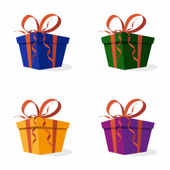 Set of gift boxes with bow and ribbons in vector. Blue, green, purple and yellow gift boxes, gift concept for a birthday, new year or Christmas