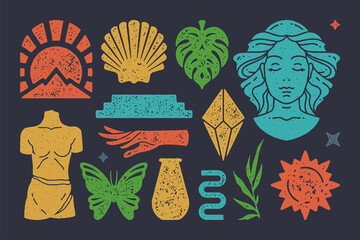 Antique bust of sleeping woman with magical boho crystal. Ancient sculpture with podium. Vector magic design elements