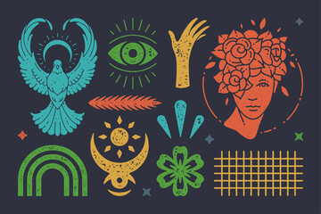 Taking off mystical dove with boho crescent. Antique head of woman and all seeing eye. Vector textured symbols