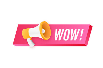 Wow megaphone. Flat vector illustration. Announce promotion offer. People communicate