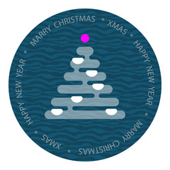 Merry christmas and happy New year circle badge, dark gray. Christmas tree and lettering around.