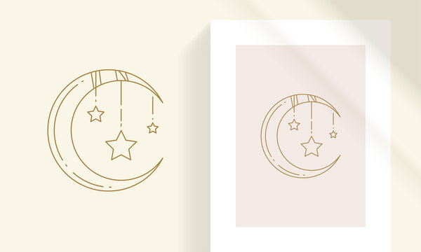 Crescent Moon And Stars Line Art Style Vector Illustration