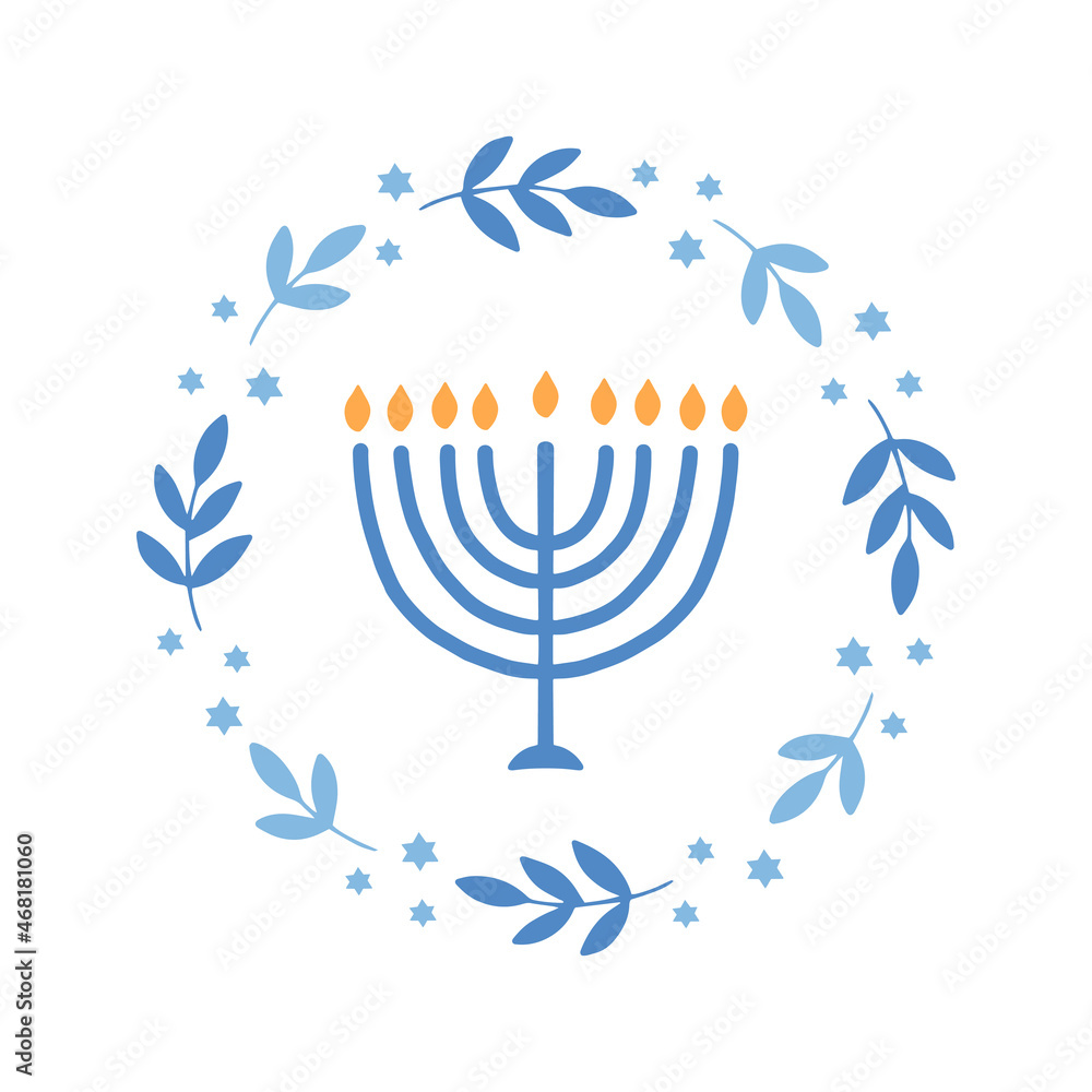 Wall mural Hanukkah floral wreath with menorah vector illustration. Jewish holiday Chanukah. Hand-drawn festive party decoration. Hanuka greeting card with a traditional symbol.