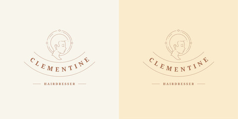 Beauty female profile logo emblem design template vector illustration in minimal line art style.