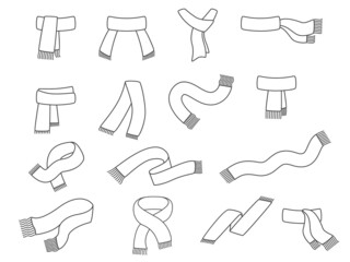 Collection of winter scarfs. Vector line illustration isolated on white background