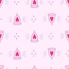Seamless pattern with cute menstrual cups with hearts. Vector illustration