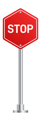 Stop road sign. Red hexagonal board on metal pole