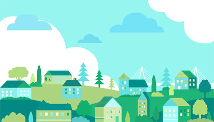 Vector poster with nature and city views.Suburban houses with trees. Vector city.	