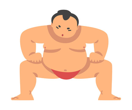 Rikishi Man Character Engaged in Combat Sumo Sport or Fighting Sport Competing Vector Illustration