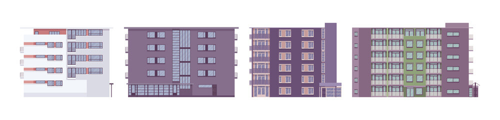 Condominium multiple building set, individually owned apartments or houses. Modern design, quality housing urban area living, real estate market. Vector flat style cartoon illustration, modular units