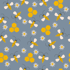 Seamless pattern with bee, honeycomb and chamomile flowers. Cute vector illustration.