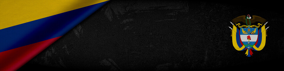 3d rendering of banner with flag and coat of arms from colombia, background with space for text, dark concept