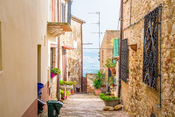 Streets and alleys in old town of Montepagano, medieval pearl near Roseto degli Abruzzi, Abruzzo, Italy.